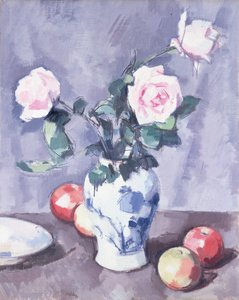 Stilleven van Rozen in een Blauwe en Witte Vaas